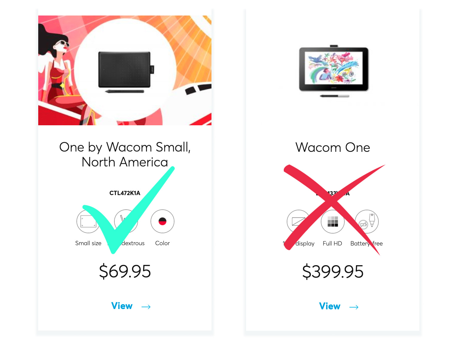 screenshot showing wacom one tablets from their website